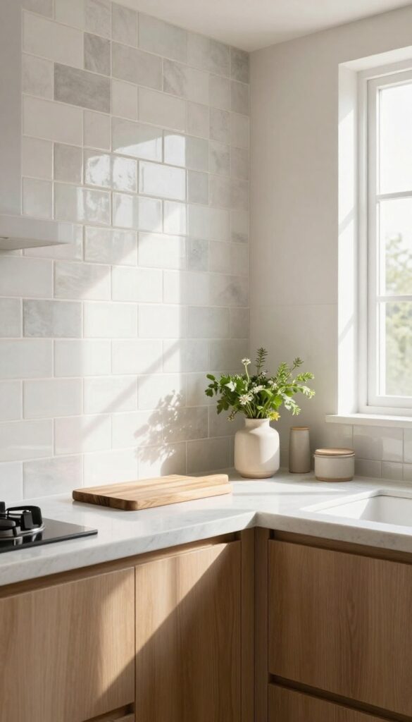 Bright kitchen with textured handmade tile backsplash in soft white and warm gray, simple countertop decor with wooden cutting board and fresh herbs, natural light, minimalist and warm.