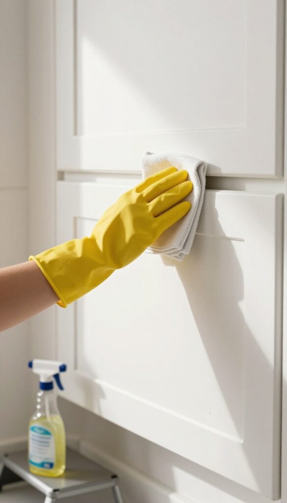 Person cleaning top of kitchen cabinet with microfiber cloth, starting from the top to avoid dripping on lower cabinets.