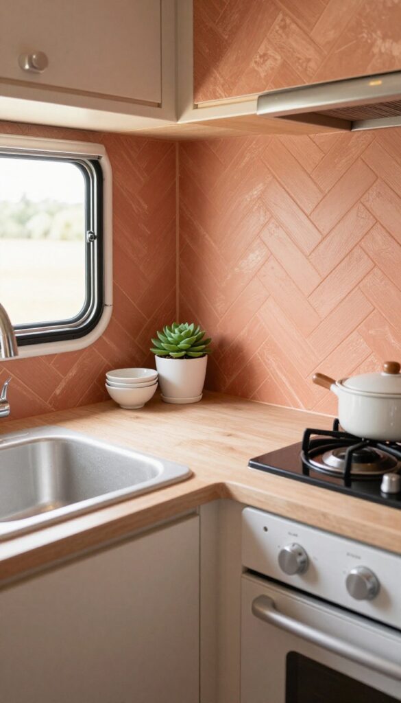 Close-up of a peel-and-stick backsplash in a small RV kitchen, warm terracotta herringbone pattern, natural light, cozy and clean.