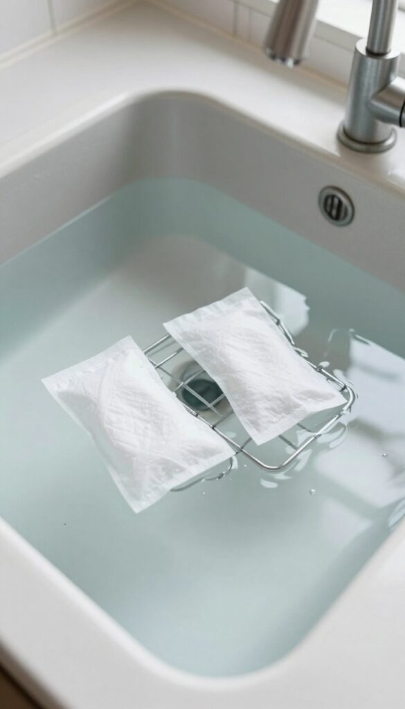 Stove grate soaking in hot water with dryer sheets to remove burnt grease