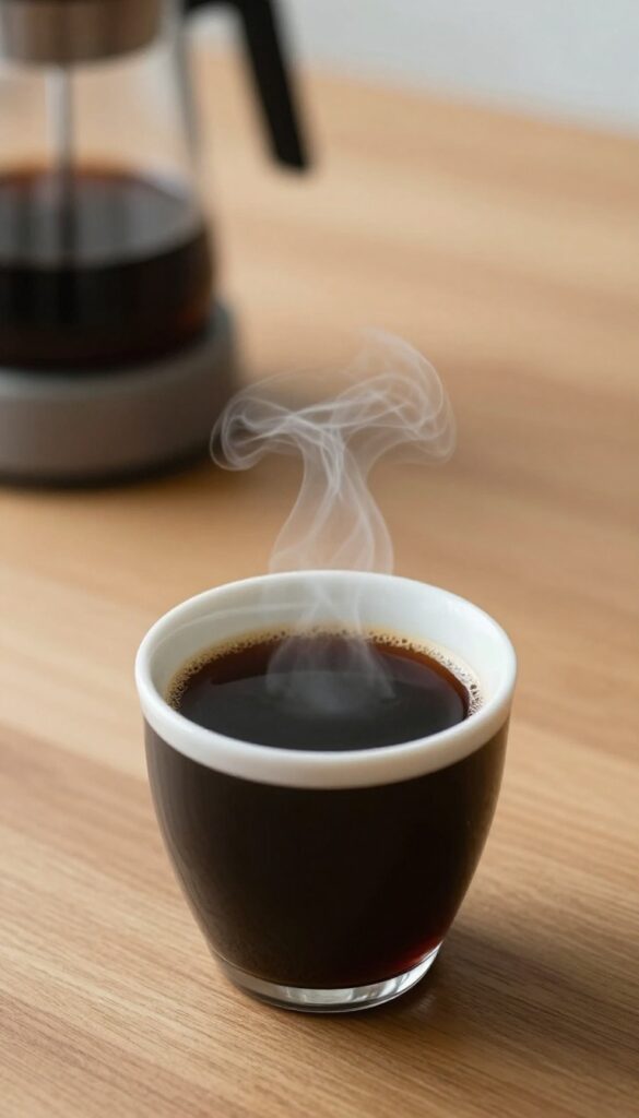 Steaming cup of black coffee on a wooden table after cleaning coffee maker with vinegar