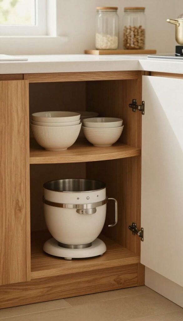 A corner shelf for blind corner cabinets in a modern kitchen, with a rotating half-moon shelf holding kitchen appliances and bowls.