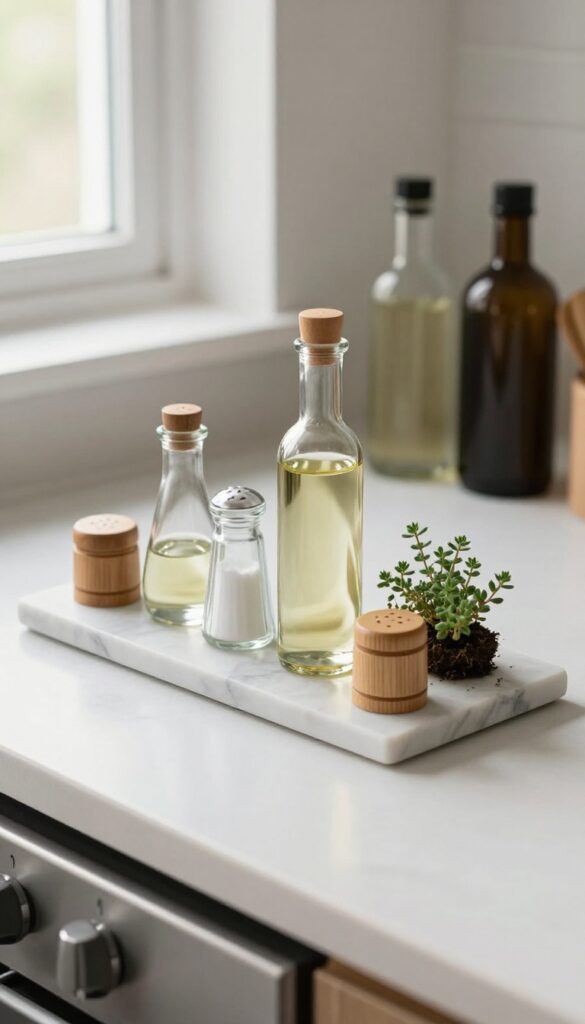 Marble tray with oil and vinegar bottles and salt cellar on kitchen counter near stove