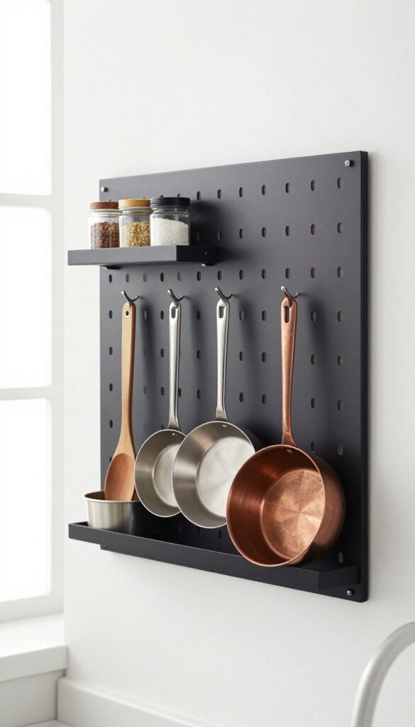 Modern kitchen wall-mounted pegboard storing pots and pans with hooks and shelf.