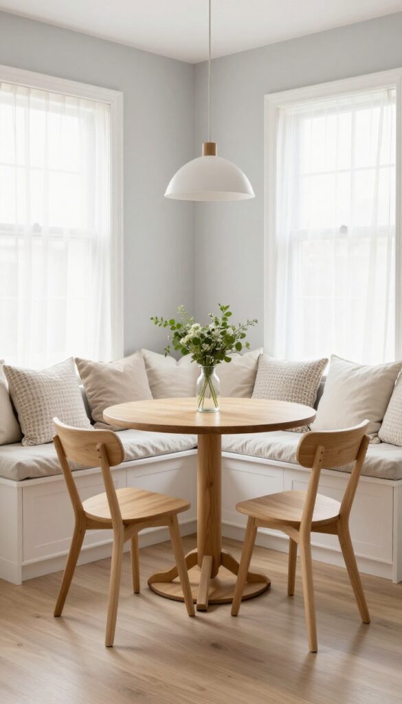 Light and airy kitchen dining nook with built-in white bench, round wooden table, and soft cushions in natural light