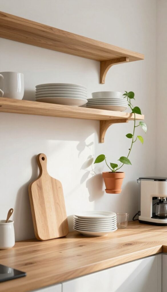 A close-up of open shelving in a small kitchen with white plates, a cutting board, a terracotta pot, and a trailing plant on warm wood shelves, bathed in natural light.