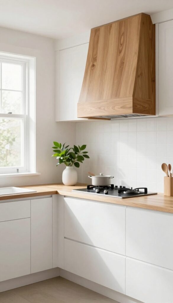 White kitchen with wooden range hood cover, natural light, and fresh greenery