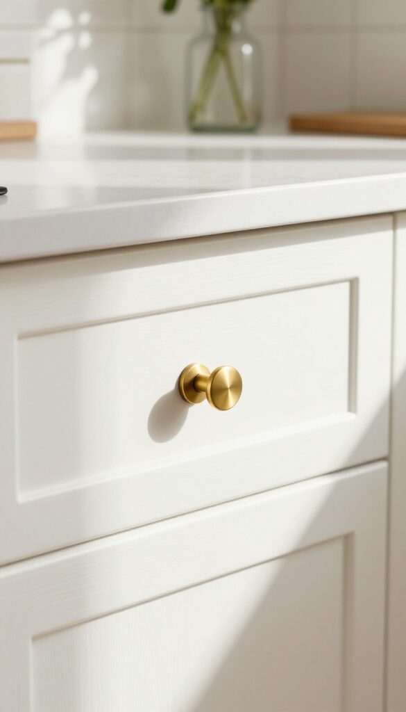 Close-up of kitchen cabinet with brushed brass hardware, natural light, fresh herbs on counter
