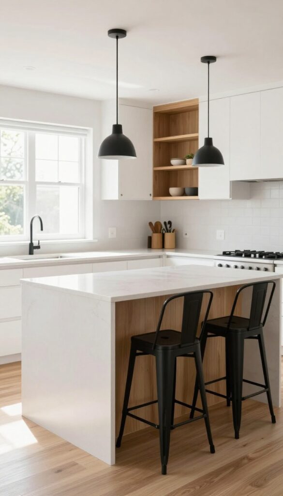 Modern kitchen with corner island and wraparound seating, white quartz countertop, black bar stools, pendant light, open shelving, bright natural light.