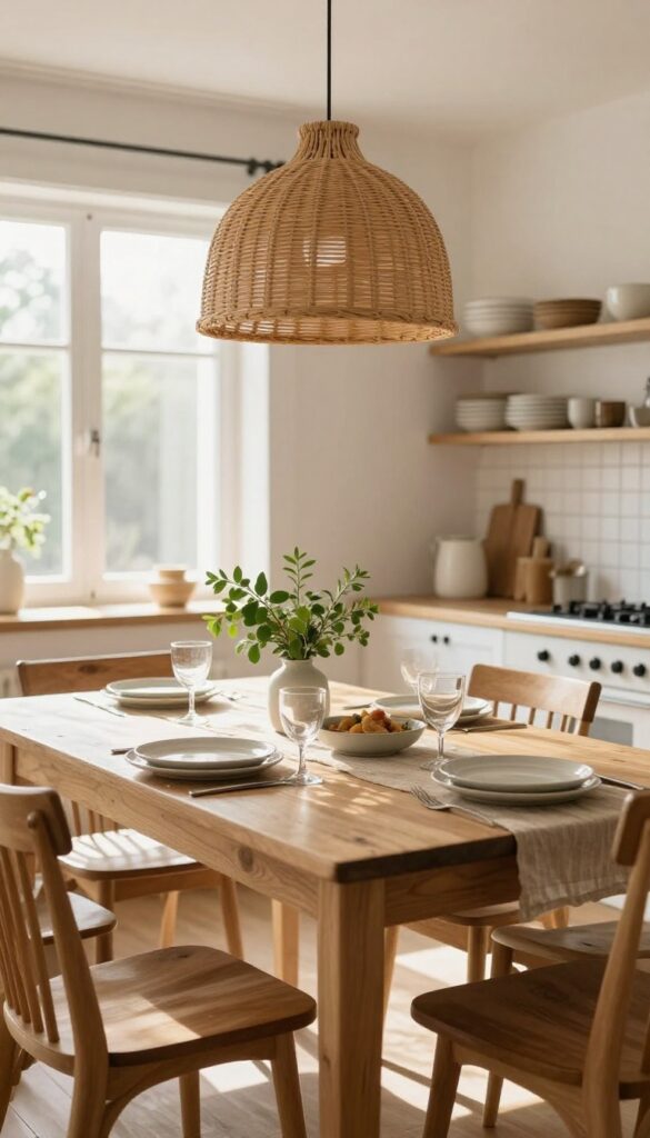 A bright kitchen dining table with a statement rattan pendant light as the focal point, set for a family meal with natural decor.