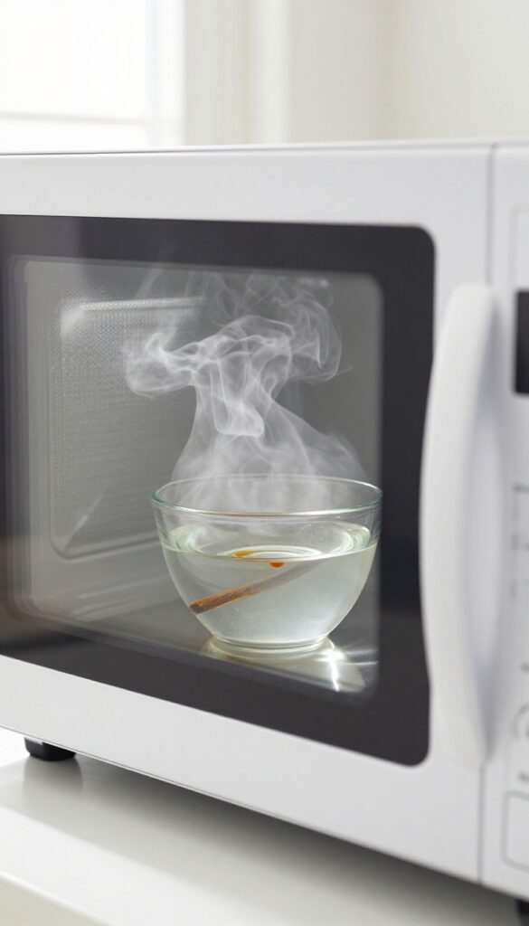 Steam rising from a bowl of water and vanilla extract inside a clean microwave