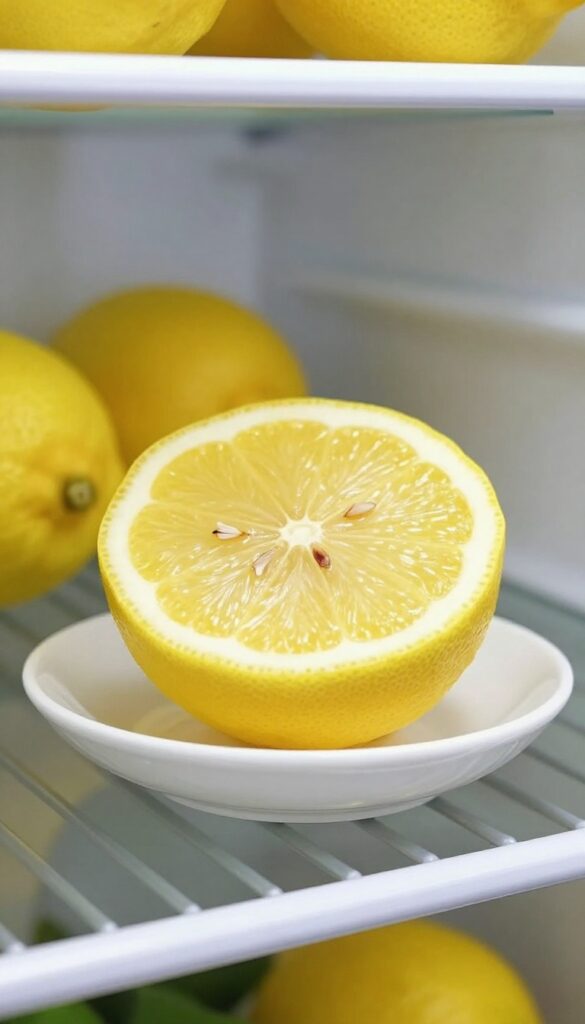 Half lemon with cloves stuck into it on a saucer inside a clean refrigerator