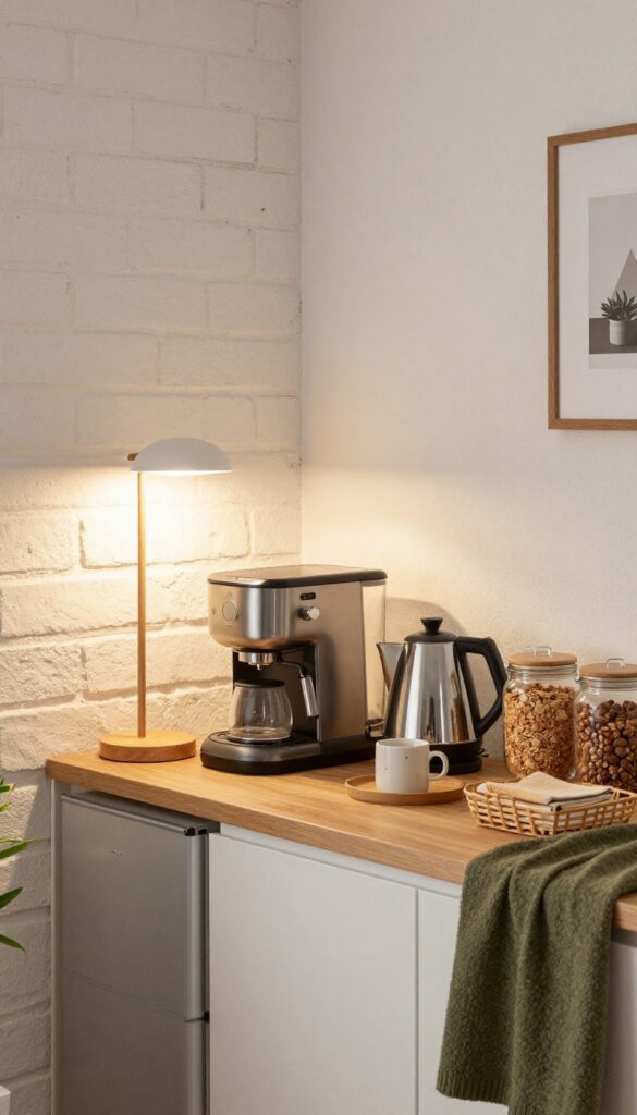 Cozy basement beverage station with mini fridge, coffee maker, and organized jars on a wooden countertop, with a rug and lamp.