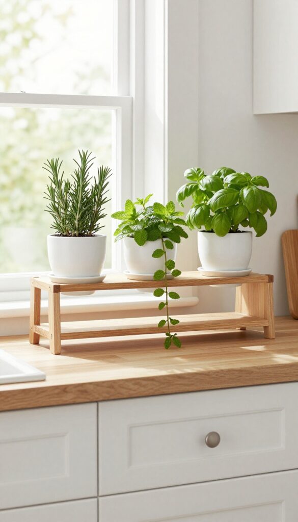 Three small potted herbs in white ceramic pots on a top kitchen shelf, with trailing mint and upright rosemary, bright natural light.