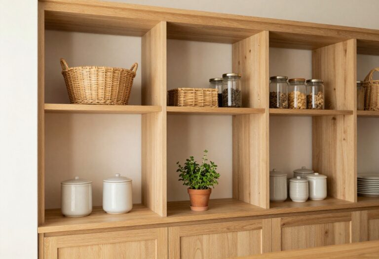 Cozy butler's pantry with open shelving, baskets, glass jars, and warm lighting