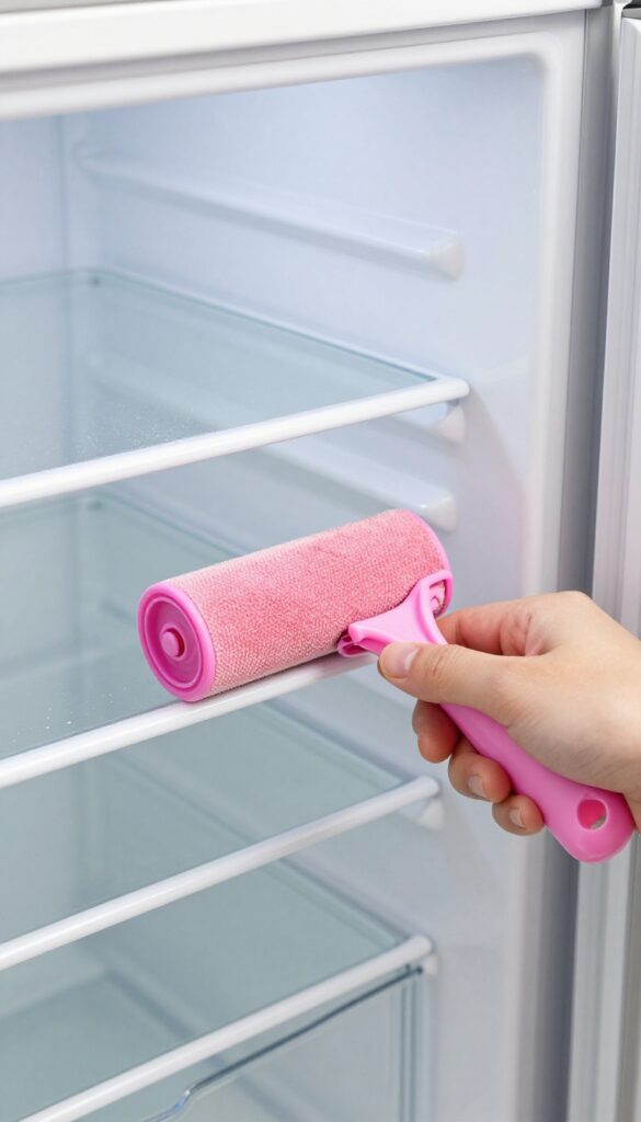 Hand using a lint roller to clean crumbs from a refrigerator shelf