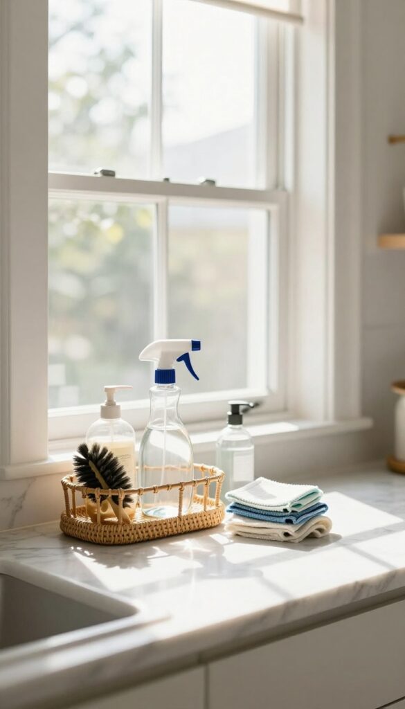 A cleaning caddy stocked with supplies on a kitchen counter near a sink