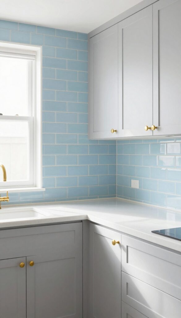 Pale blue herringbone backsplash with gold grout in a light and airy kitchen