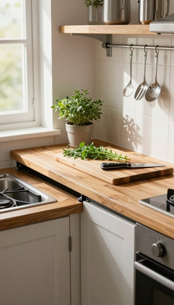 Fold-down counter extension in a small wet kitchen with butcher block surface, cutting board, herbs, and utensils, natural light.