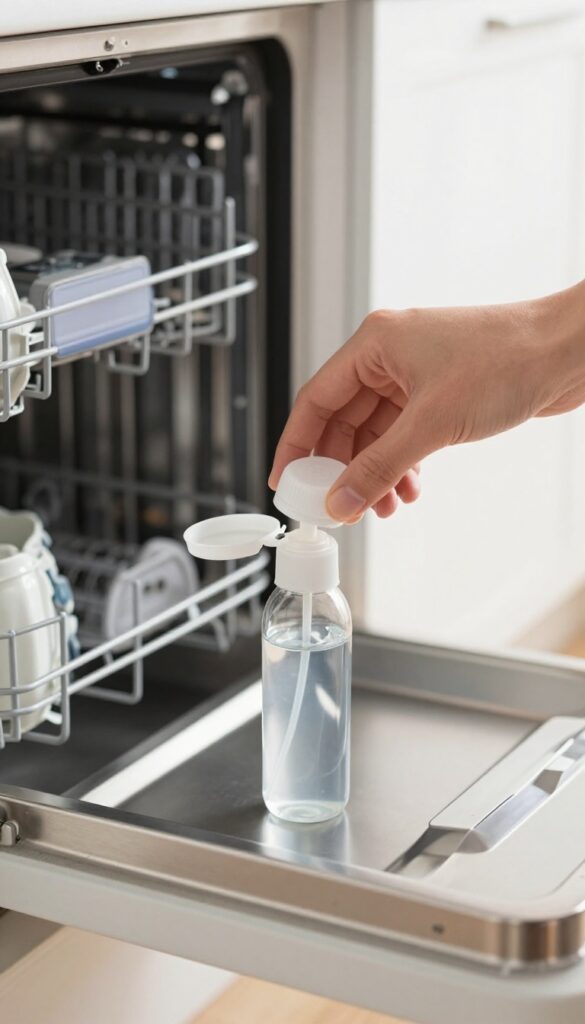 Person refilling rinse aid dispenser in open dishwasher