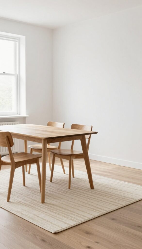 Small kitchen with wooden table and chairs, cream Scandinavian minimalist rug with subtle stripes under the table, natural light, airy and clean composition.