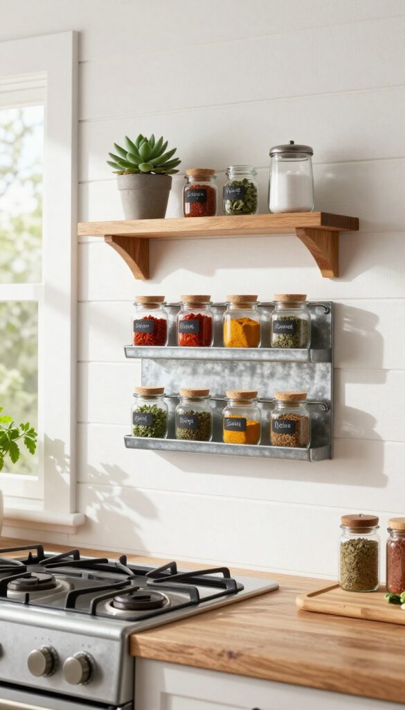 Magnetic spice jar rack on farmhouse kitchen wall with glass jars, chalk labels, and a wooden shelf with succulent.