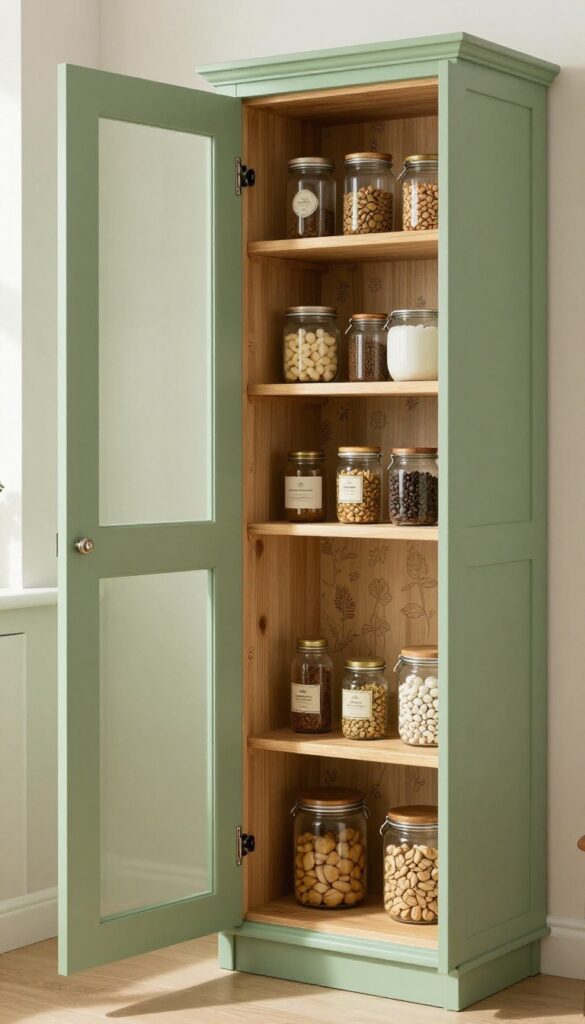 Open kitchen cabinet door revealing pull-out pantry shelves with organized jars and cans, lined with floral wallpaper, matte sage green door, natural light