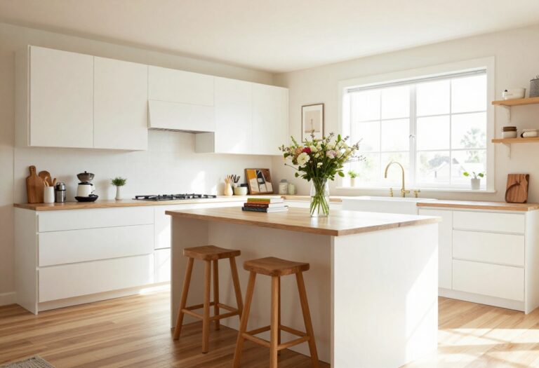Small DIY kitchen island with white cabinets and butcher block countertop, styled with stools and decor