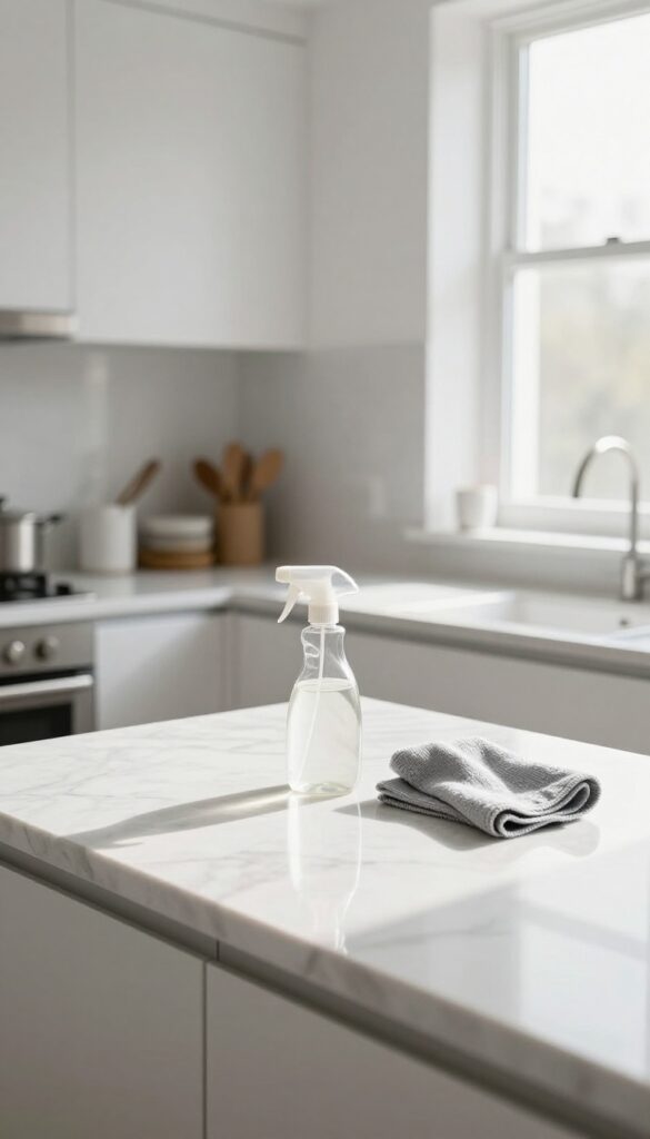Bare kitchen countertop after clearing all items, ready for deep cleaning, with natural light and clean surfaces.