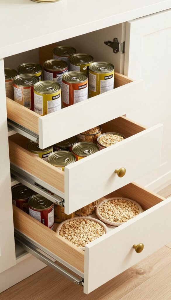 Pull-out drawers in a deep pantry cabinet with neatly organized canned goods.