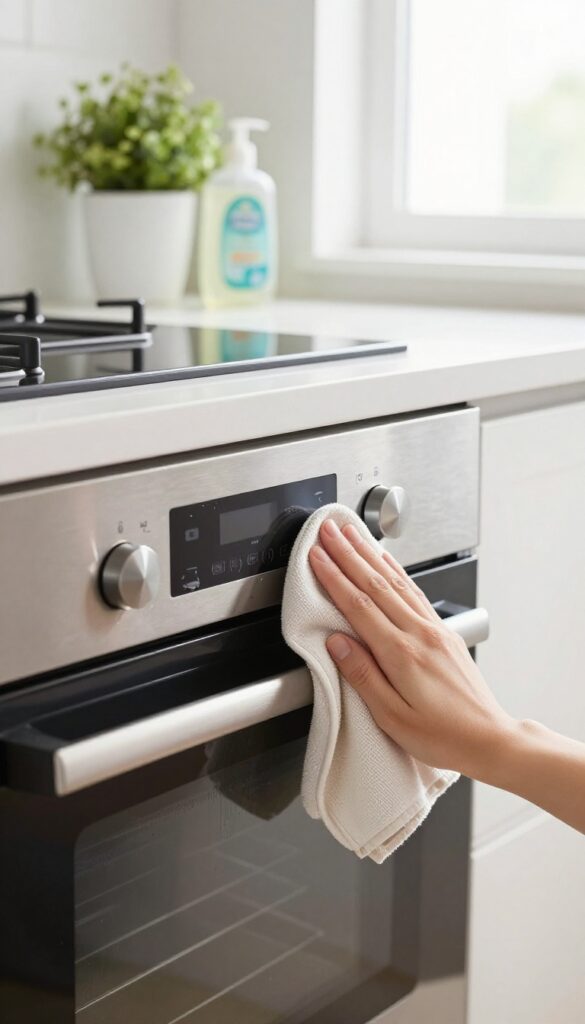 Hand wiping a stainless steel oven control panel with a microfiber cloth, bright natural light, clean kitchen background