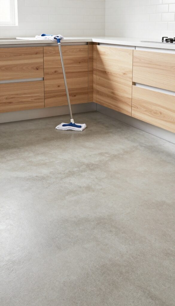 Polished concrete floor in a small kitchen with natural light, showing smooth satin finish and subtle gray mottling, with a mop nearby.