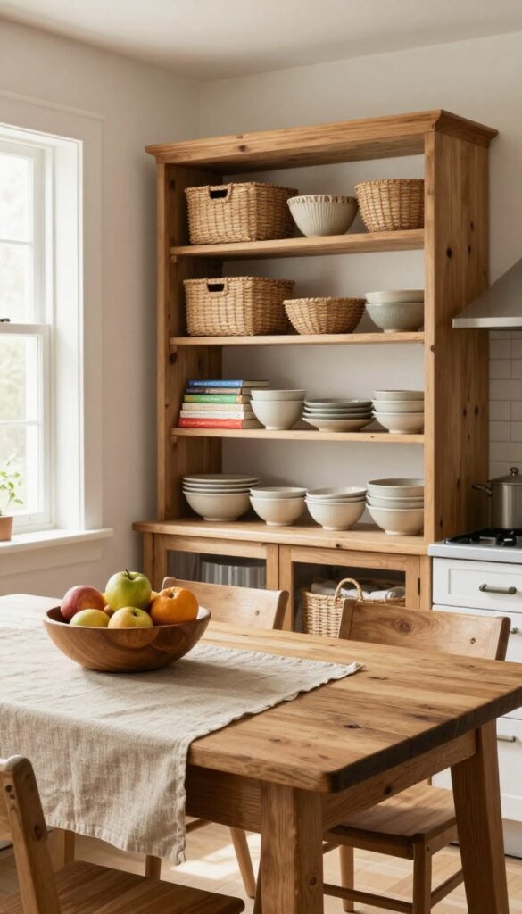 Farmhouse table with open shelving base in a bright kitchen eating area, displaying baskets and cookbooks on lower shelves