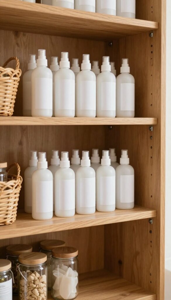 Tension rod holding spray bottles upside down in a pantry