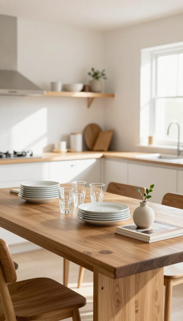 Open shelving above kitchen dining table with plates, glasses, cookbooks, and a small plant in natural light.