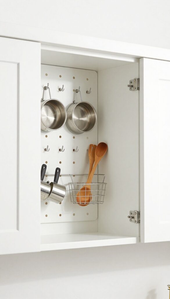 Open kitchen cabinet door with white pegboard panel inside holding pot lid, measuring cups, and wooden spoons on hooks and in a wire basket.
