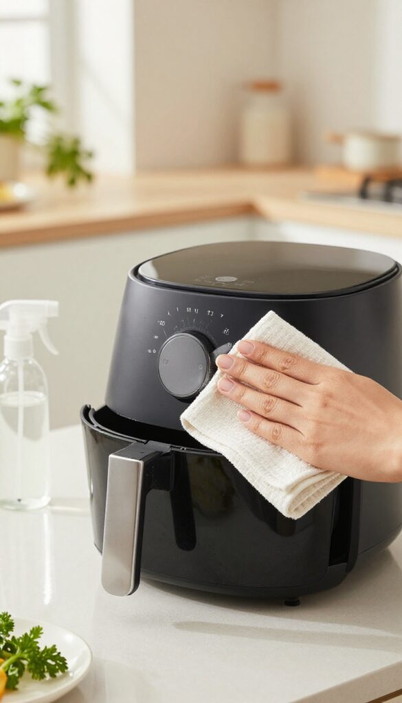 Cleaning the exterior of an air fryer with a vinegar solution using a microfiber cloth in a bright kitchen