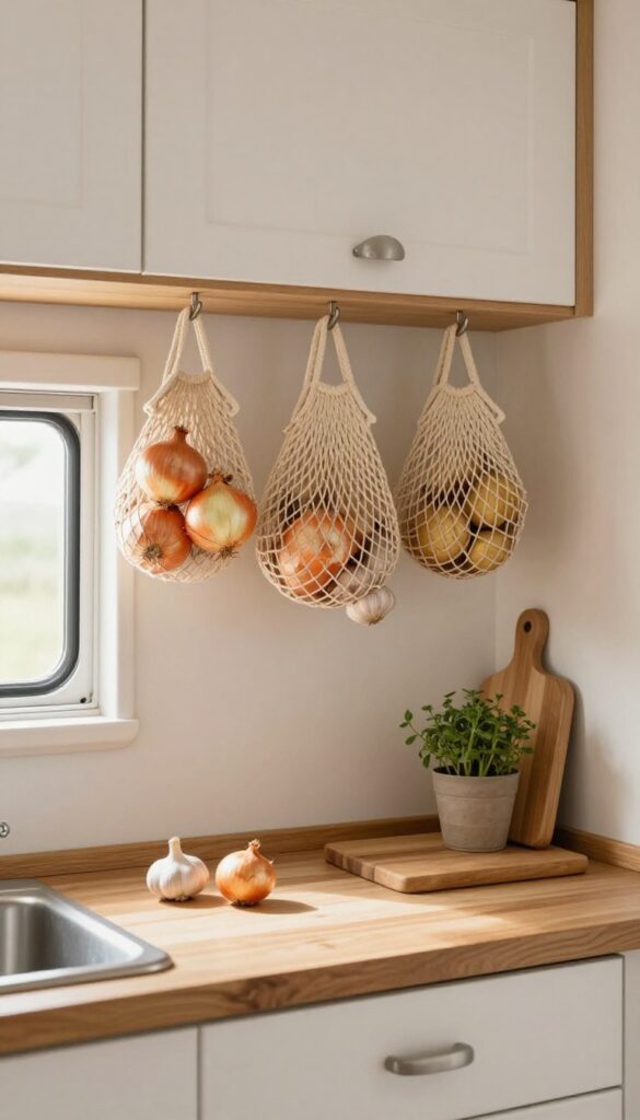 Hanging mesh baskets filled with produce in a cozy RV kitchen