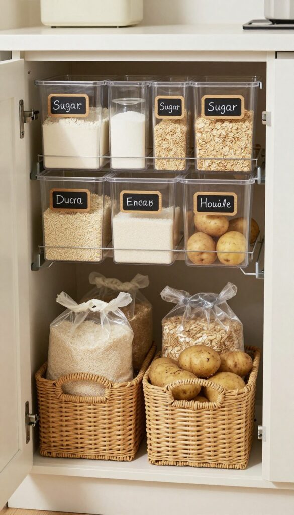 Pull-out drawers in a pantry with clear bins and woven baskets holding flour, sugar, oats, and rice, illuminated by natural light.