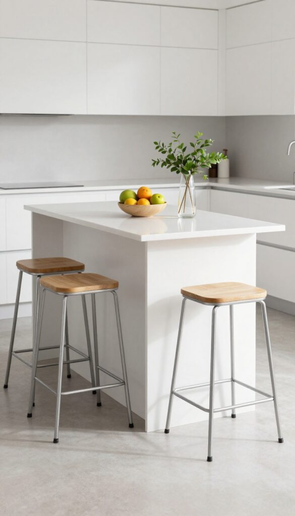 A slim kitchen island with white quartz countertop, two bar stools, and a small bowl of fruit and greenery, in a bright modern kitchen.