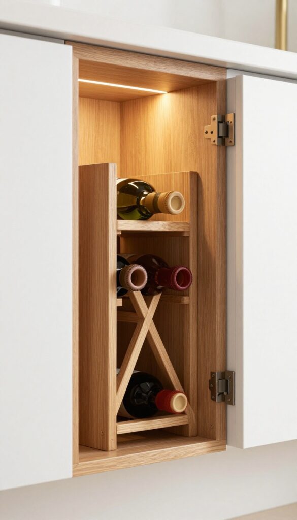 Narrow wooden wine rack at the end of a kitchen cabinet, with wine bottles stored horizontally and soft LED lighting underneath.