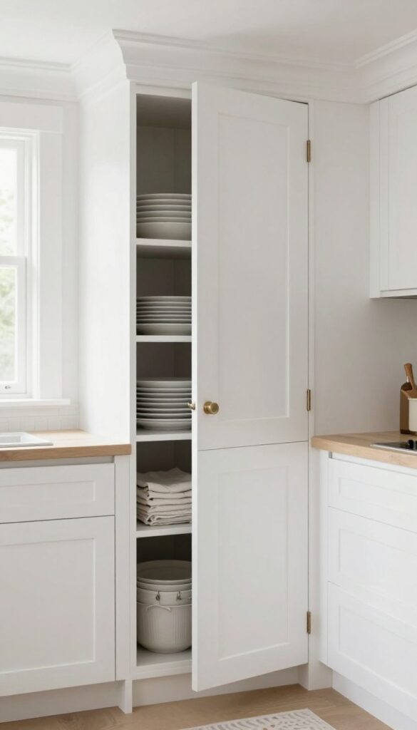Farmhouse kitchen range hood with deep crown molding and hidden storage cabinet above, bright natural light, clean composition.