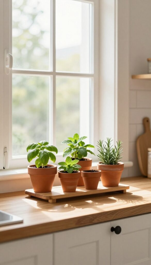 Cozy kitchen window sill with tiered wooden herb garden in terracotta pots, natural light, warm decor