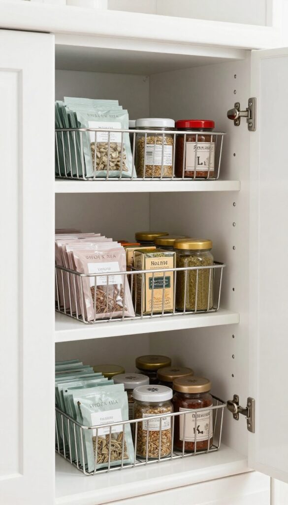 Inside of a pantry door with three shallow wire baskets mounted vertically, filled with spices and tea bags, natural light, organized storage.