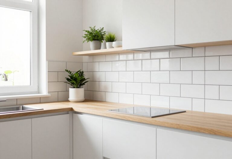 Bright small kitchen with white subway tile backsplash and open shelving