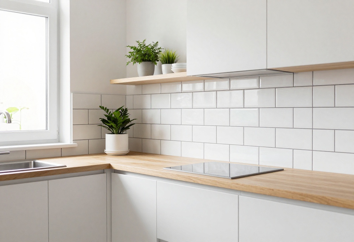Bright small kitchen with white subway tile backsplash and open shelving