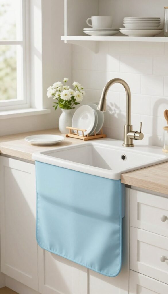 Pastel blue farmhouse apron sink in a bright kitchen with white countertops, gooseneck faucet, wooden dish rack, and fresh flowers.