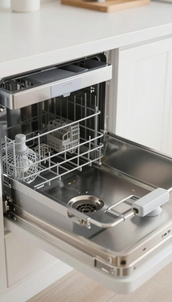 Open dishwasher with bottom rack removed, showing sump area with debris, bright natural light, clean composition.