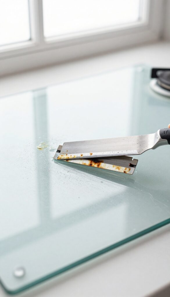Close-up of a hand scraping a glass cooktop with a razor blade at a 45-degree angle, removing burnt-on food residue in bright natural light.