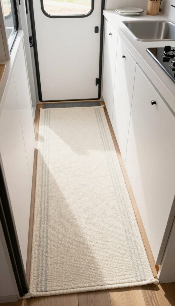 A light and airy campervan kitchen with a cream and grey striped runner rug on the floor, adding warmth and texture to the compact cooking space.